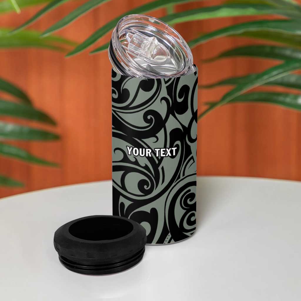 All Black Maori Tribal Tattoo Personalised 4 in 1 Can Cooler Tumbler Moss Green Polynesian Style - Polynesian Pride