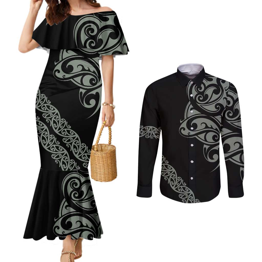 All Black Maori Tribal Tattoo Personalised Couples Matching Mermaid Dress and Long Sleeve Button Shirt Moss Green Polynesian Style - Polynesian Pride