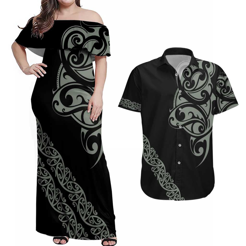 All Black Maori Tribal Tattoo Personalised Couples Matching Off Shoulder Maxi Dress and Hawaiian Shirt Moss Green Polynesian Style - Polynesian Pride