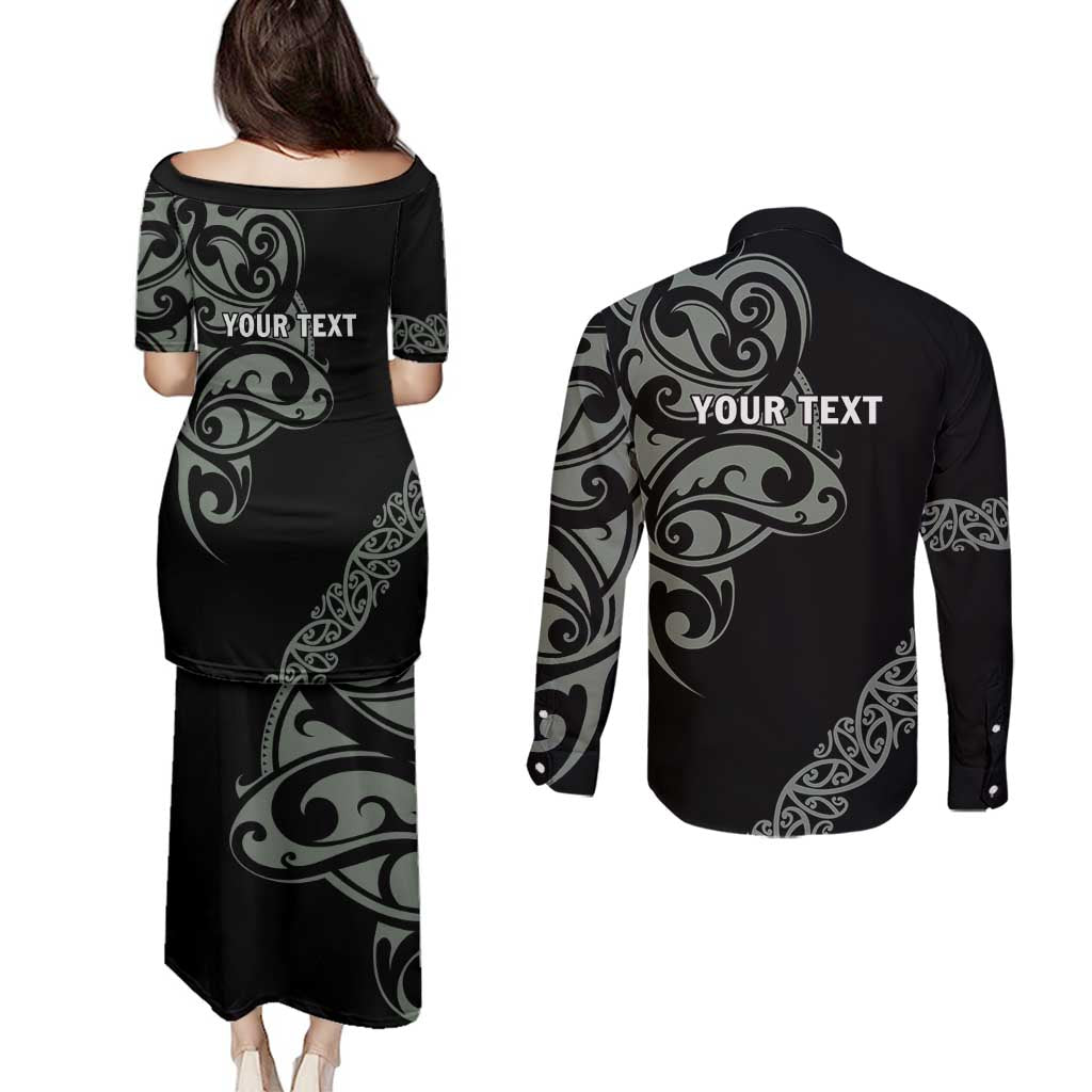 All Black Maori Tribal Tattoo Personalised Couples Matching Puletasi and Long Sleeve Button Shirt Moss Green Polynesian Style - Polynesian Pride