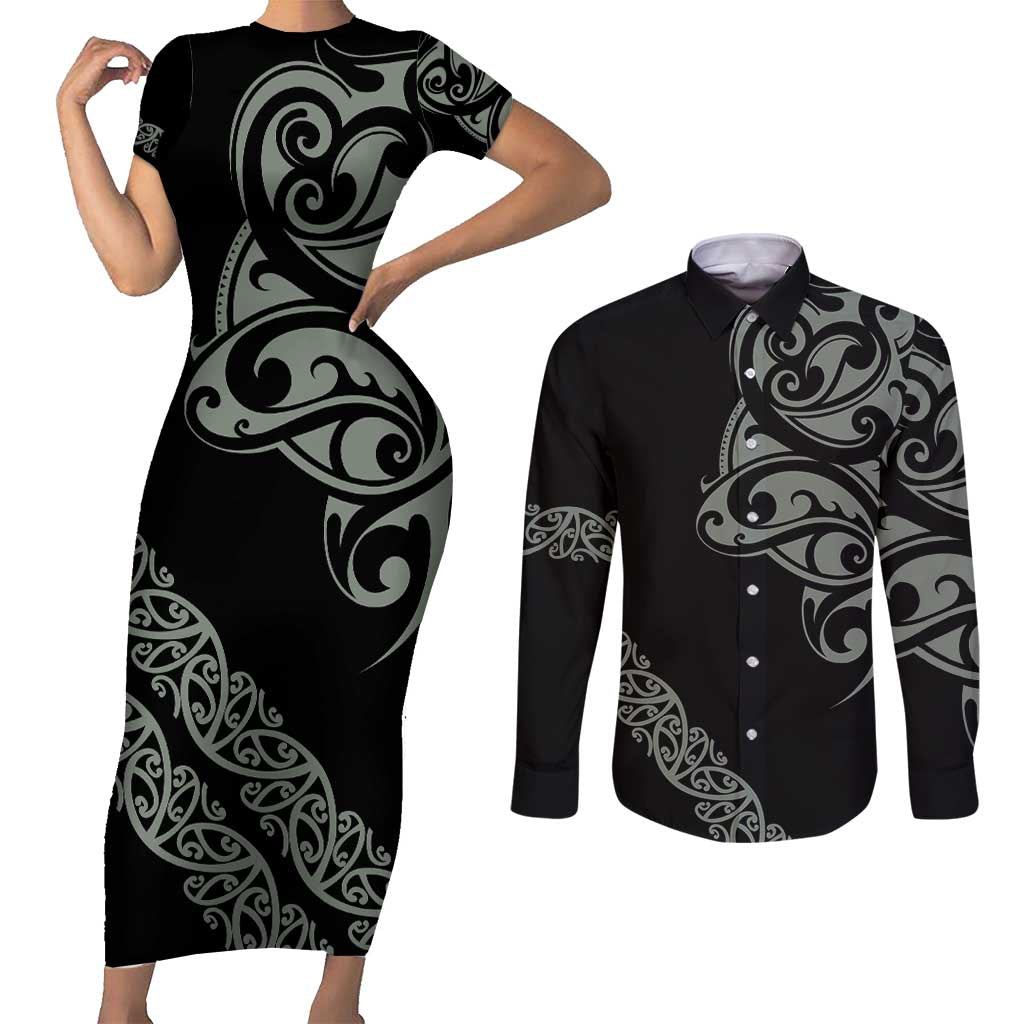All Black Maori Tribal Tattoo Personalised Couples Matching Short Sleeve Bodycon Dress and Long Sleeve Button Shirt Moss Green Polynesian Style - Polynesian Pride