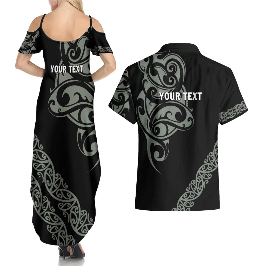 All Black Maori Tribal Tattoo Personalised Couples Matching Summer Maxi Dress and Hawaiian Shirt Moss Green Polynesian Style - Polynesian Pride