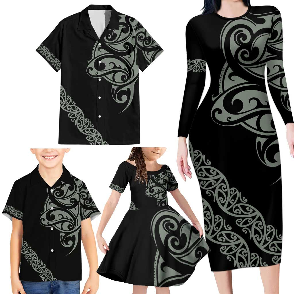 All Black Maori Tribal Tattoo Personalised Family Matching Long Sleeve Bodycon Dress and Hawaiian Shirt Moss Green Polynesian Style - Polynesian Pride