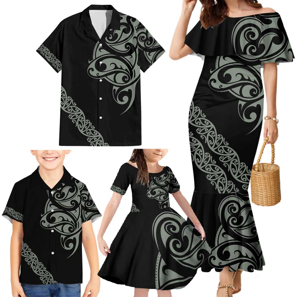All Black Maori Tribal Tattoo Personalised Family Matching Mermaid Dress and Hawaiian Shirt Moss Green Polynesian Style - Polynesian Pride