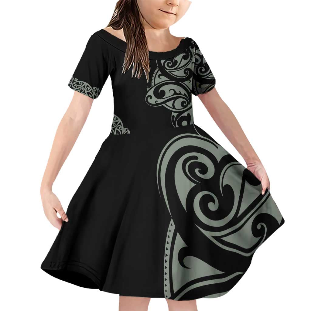 All Black Maori Tribal Tattoo Personalised Family Matching Off Shoulder Short Dress and Hawaiian Shirt Moss Green Polynesian Style - Polynesian Pride