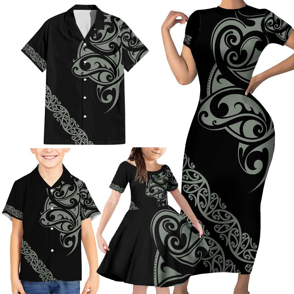 All Black Maori Tribal Tattoo Personalised Family Matching Short Sleeve Bodycon Dress and Hawaiian Shirt Moss Green Polynesian Style - Polynesian Pride