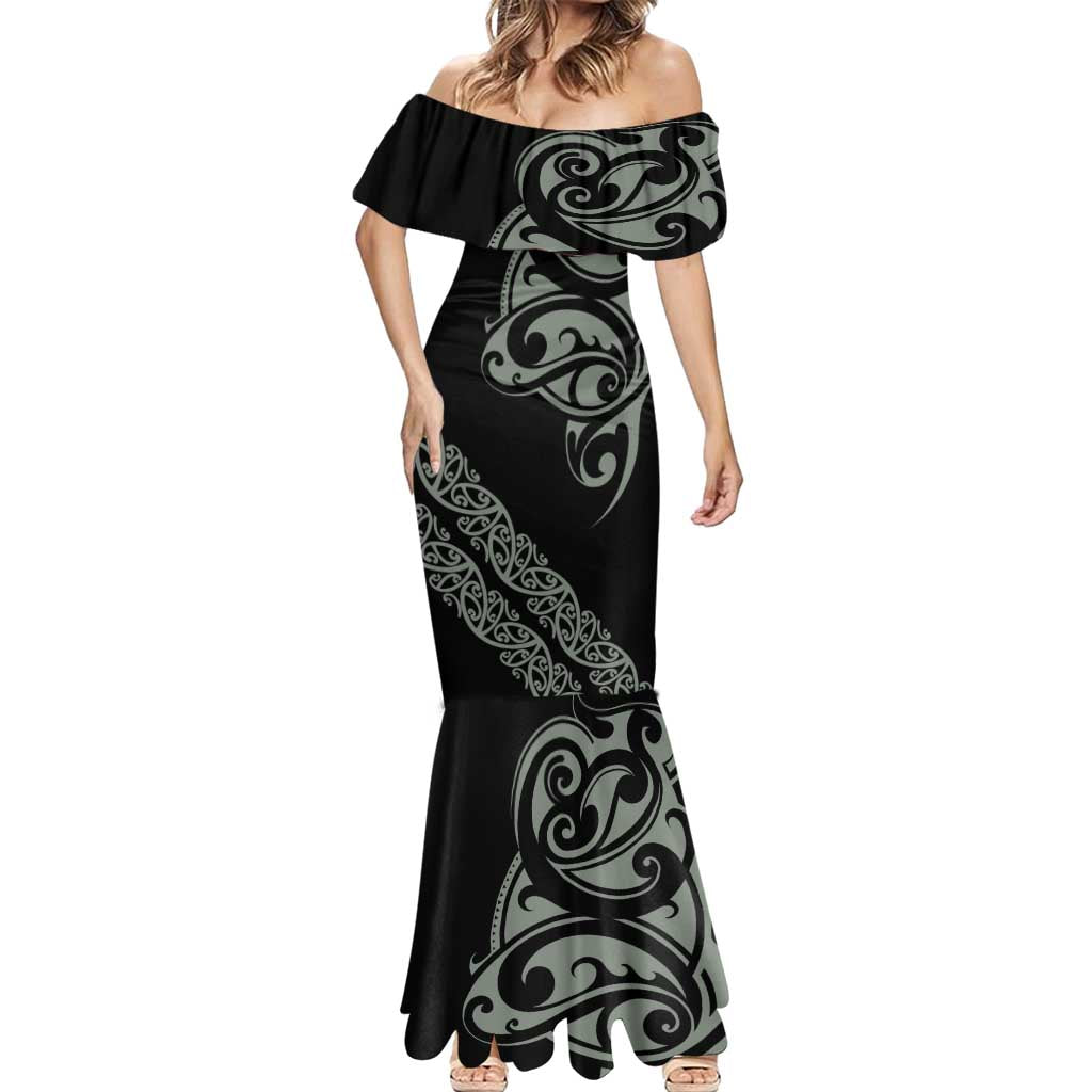 All Black Maori Tribal Tattoo Personalised Mermaid Dress Moss Green Polynesian Style - Polynesian Pride
