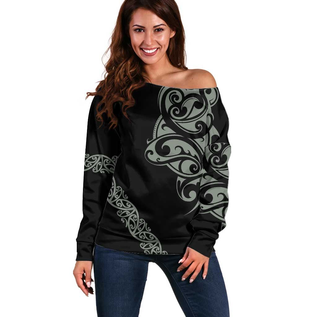 All Black Maori Tribal Tattoo Personalised Off Shoulder Sweater Moss Green Polynesian Style - Polynesian Pride