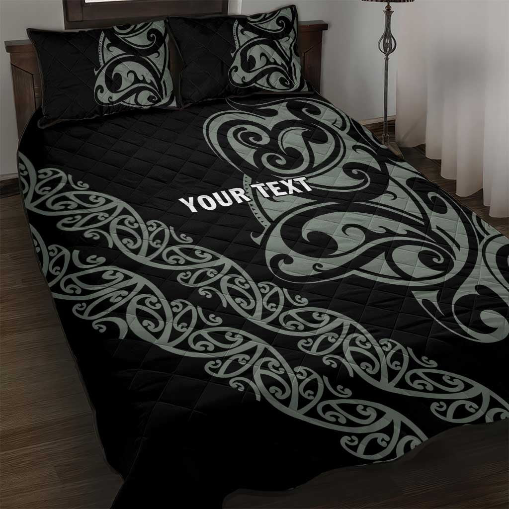 All Black Maori Tribal Tattoo Personalised Quilt Bed Set Moss Green Polynesian Style - Polynesian Pride
