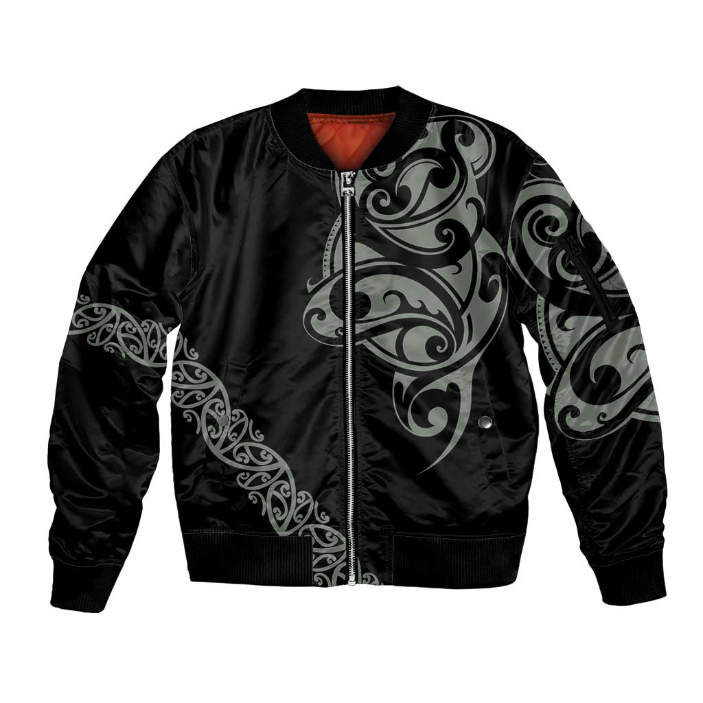 All Black Maori Tribal Tattoo Personalised Sleeve Zip Bomber Jacket Moss Green Polynesian Style - Polynesian Pride
