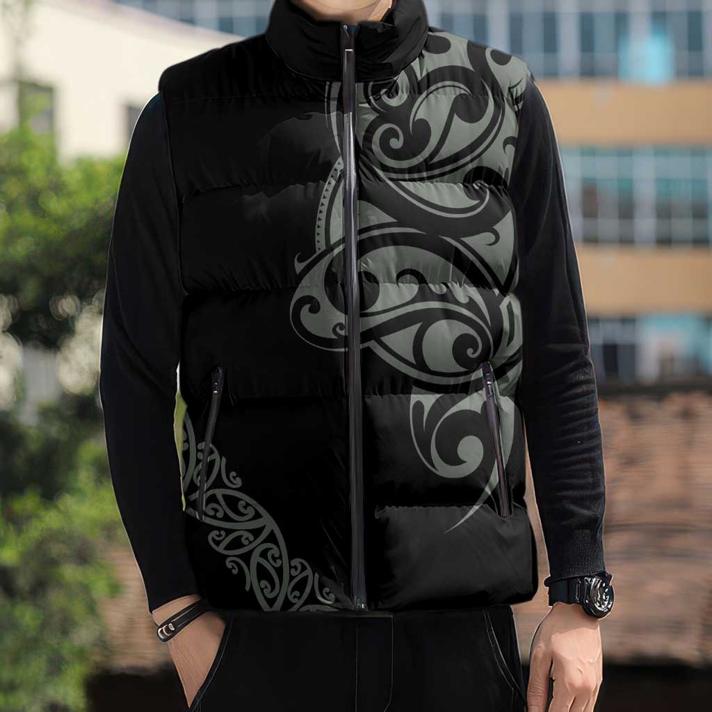 All Black Maori Tribal Tattoo Personalised Sleeveless Puffer Jacket Moss Green Polynesian Style - Polynesian Pride
