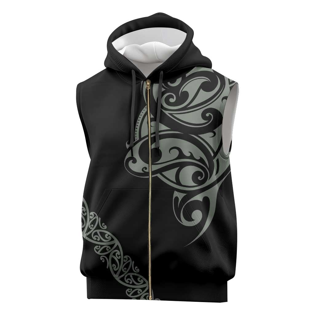All Black Maori Tribal Tattoo Personalised Sleeveless Zip Hoodie Moss Green Polynesian Style - Polynesian Pride