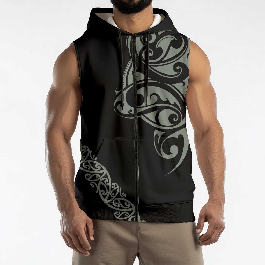 All Black Maori Tribal Tattoo Personalised Sleeveless Zip Hoodie Moss Green Polynesian Style LT9