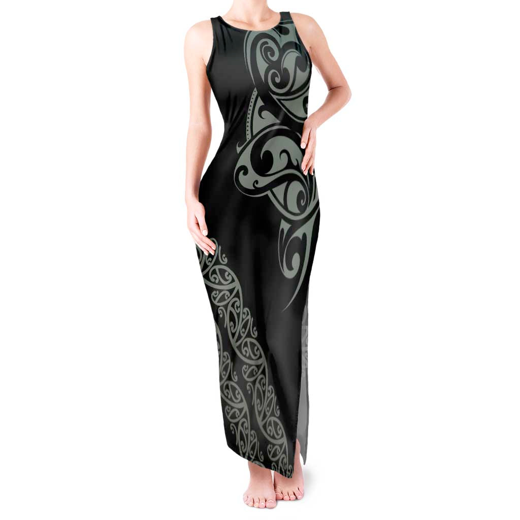 All Black Maori Tribal Tattoo Personalised Tank Maxi Dress Moss Green Polynesian Style - Polynesian Pride