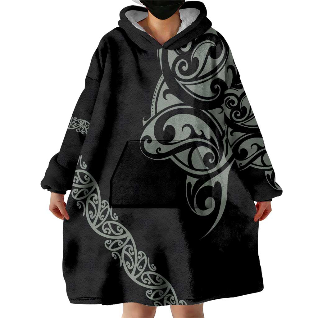 All Black Maori Tribal Tattoo Personalised Wearable Blanket Hoodie Moss Green Polynesian Style - Polynesian Pride