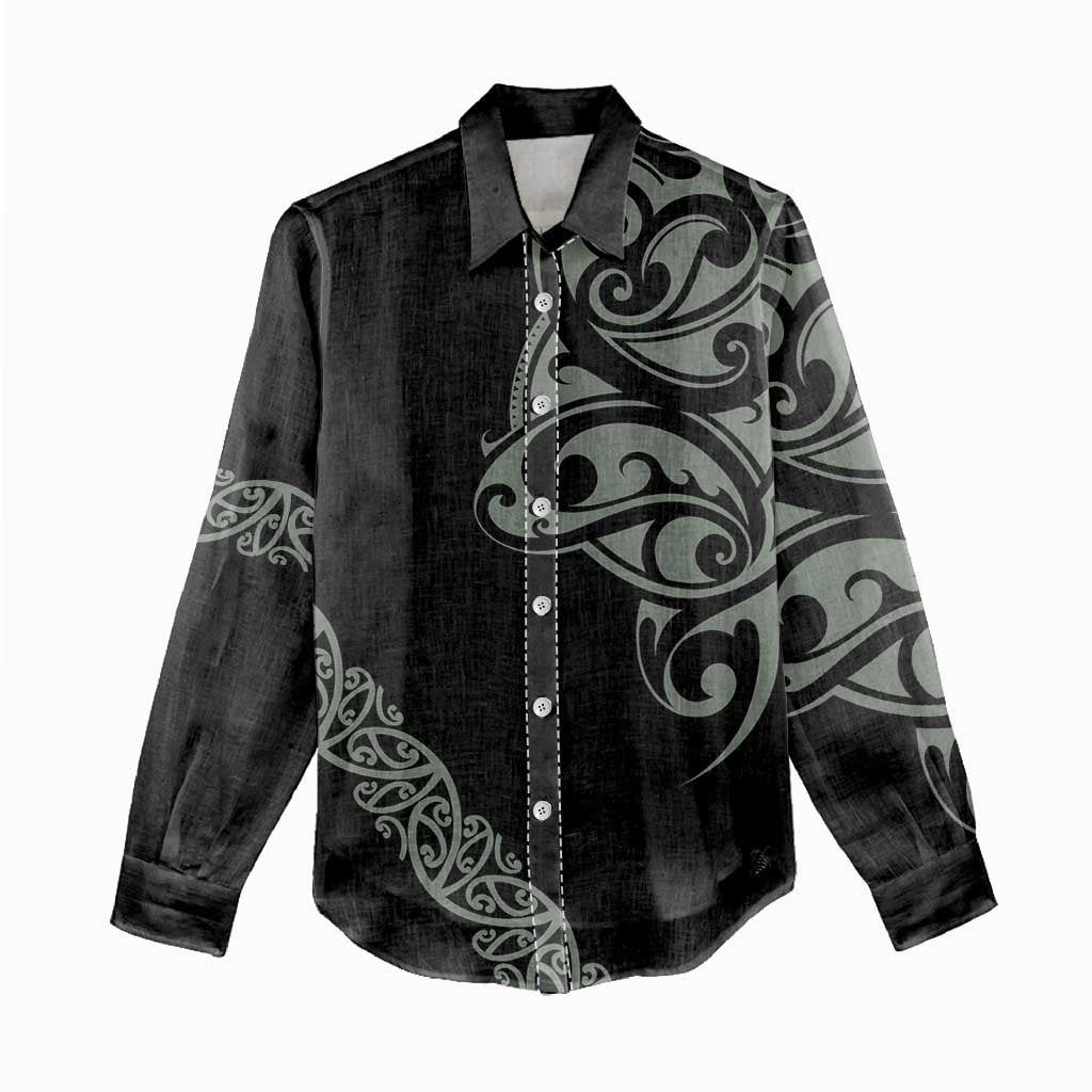 All Black Maori Tribal Tattoo Personalised Women Casual Shirt Moss Green Polynesian Style - Polynesian Pride