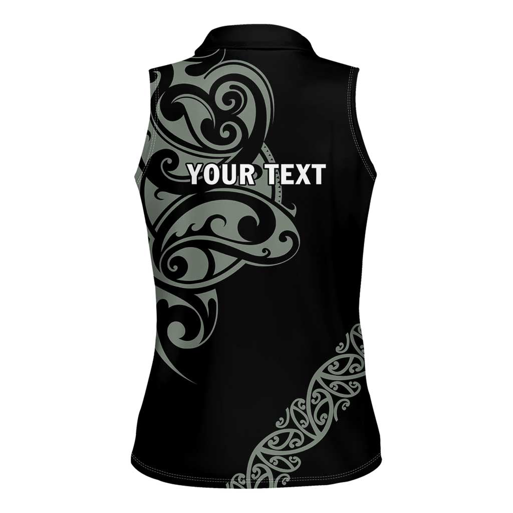 All Black Maori Tribal Tattoo Personalised Women Sleeveless Polo Shirt Moss Green Polynesian Style - Polynesian Pride