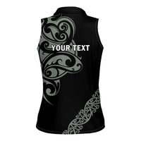 All Black Maori Tribal Tattoo Personalised Women Sleeveless Polo Shirt Moss Green Polynesian Style - Polynesian Pride