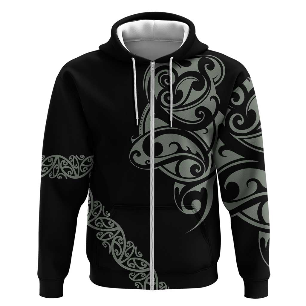 All Black Maori Tribal Tattoo Personalised Zip Hoodie Moss Green Polynesian Style - Polynesian Pride