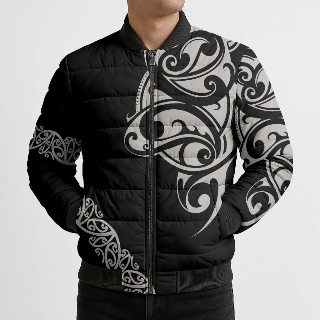 All Black Maori Tribal Tattoo Personalised Bomber Puffer Jacket Stone Gray Polynesian Style - Polynesian Pride