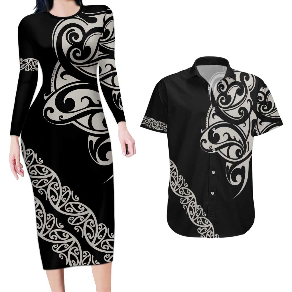All Black Maori Tribal Tattoo Personalised Couples Matching Long Sleeve Bodycon Dress and Hawaiian Shirt Stone Gray Polynesian Style - Polynesian Pride