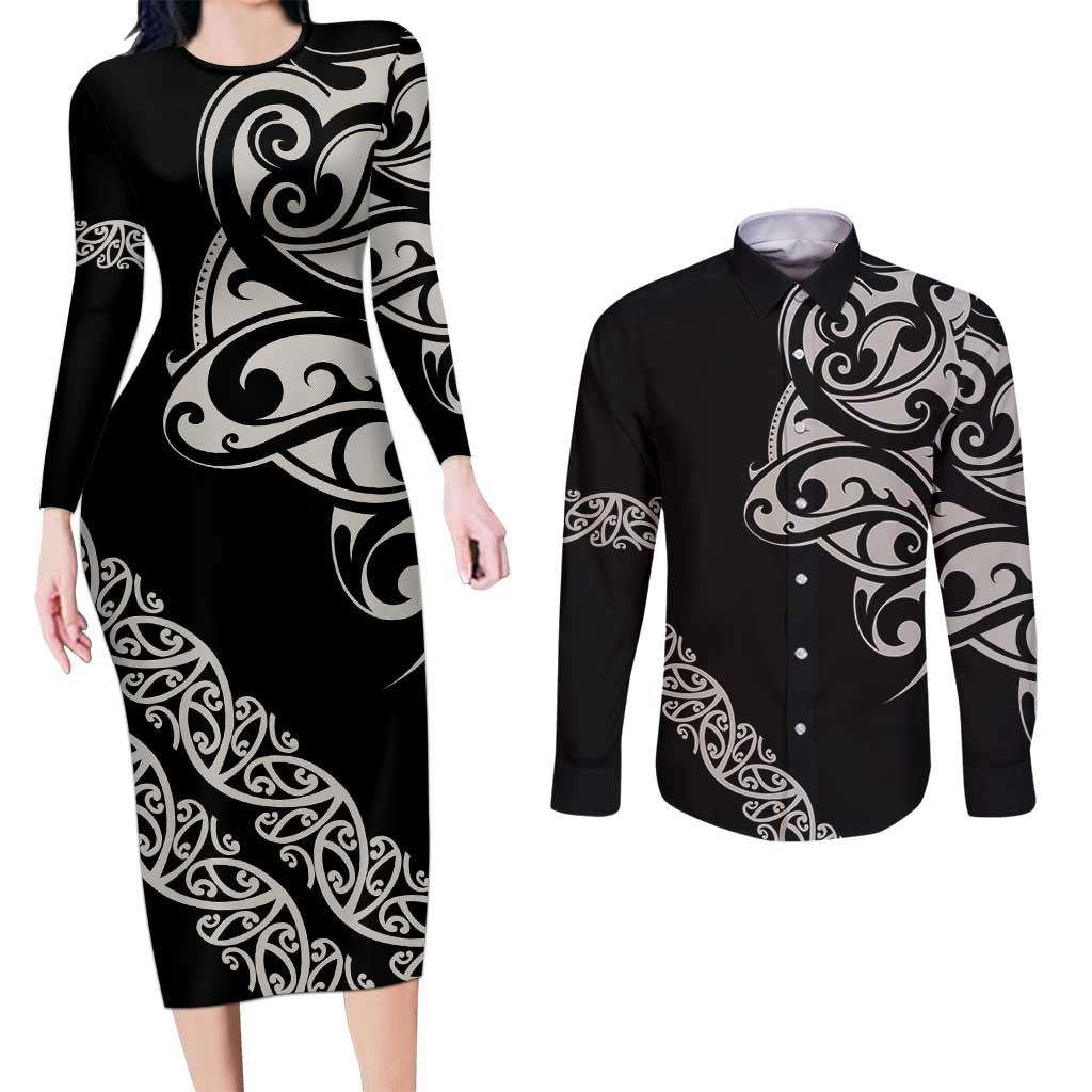 All Black Maori Tribal Tattoo Personalised Couples Matching Long Sleeve Bodycon Dress and Long Sleeve Button Shirt Stone Gray Polynesian Style - Polynesian Pride