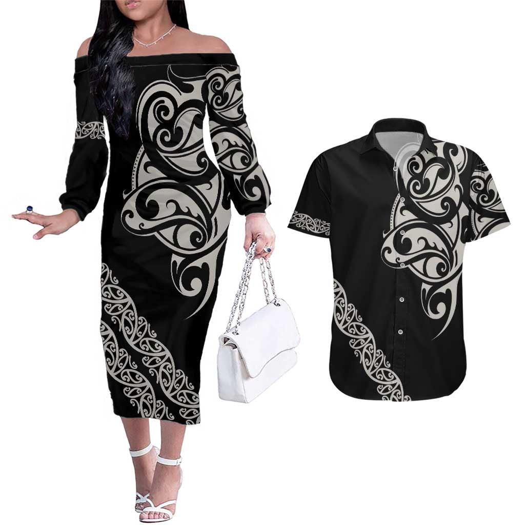 All Black Maori Tribal Tattoo Personalised Couples Matching Off The Shoulder Long Sleeve Dress and Hawaiian Shirt Stone Gray Polynesian Style - Polynesian Pride