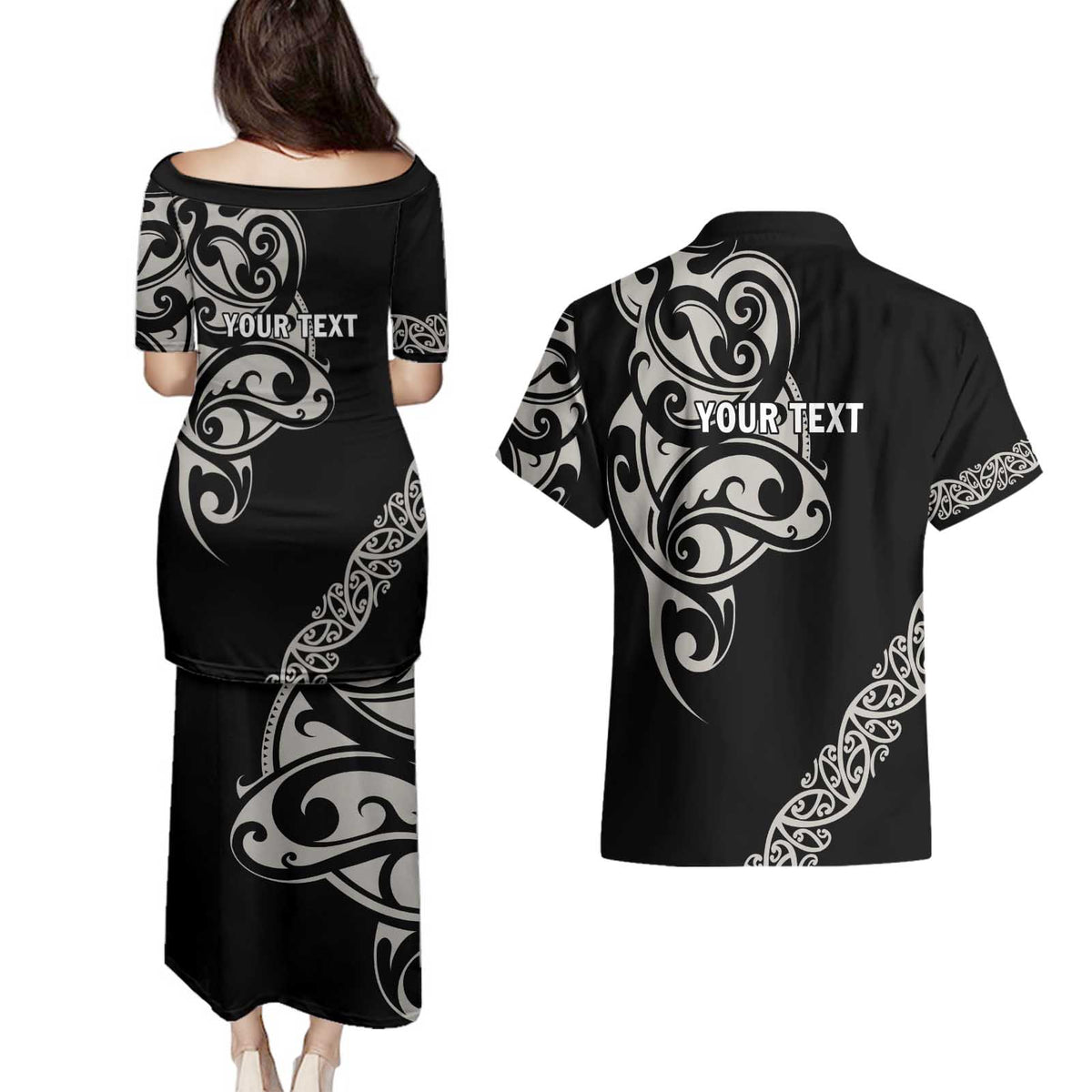 All Black Maori Tribal Tattoo Personalised Couples Matching Puletasi and Hawaiian Shirt Stone Gray Polynesian Style - Polynesian Pride