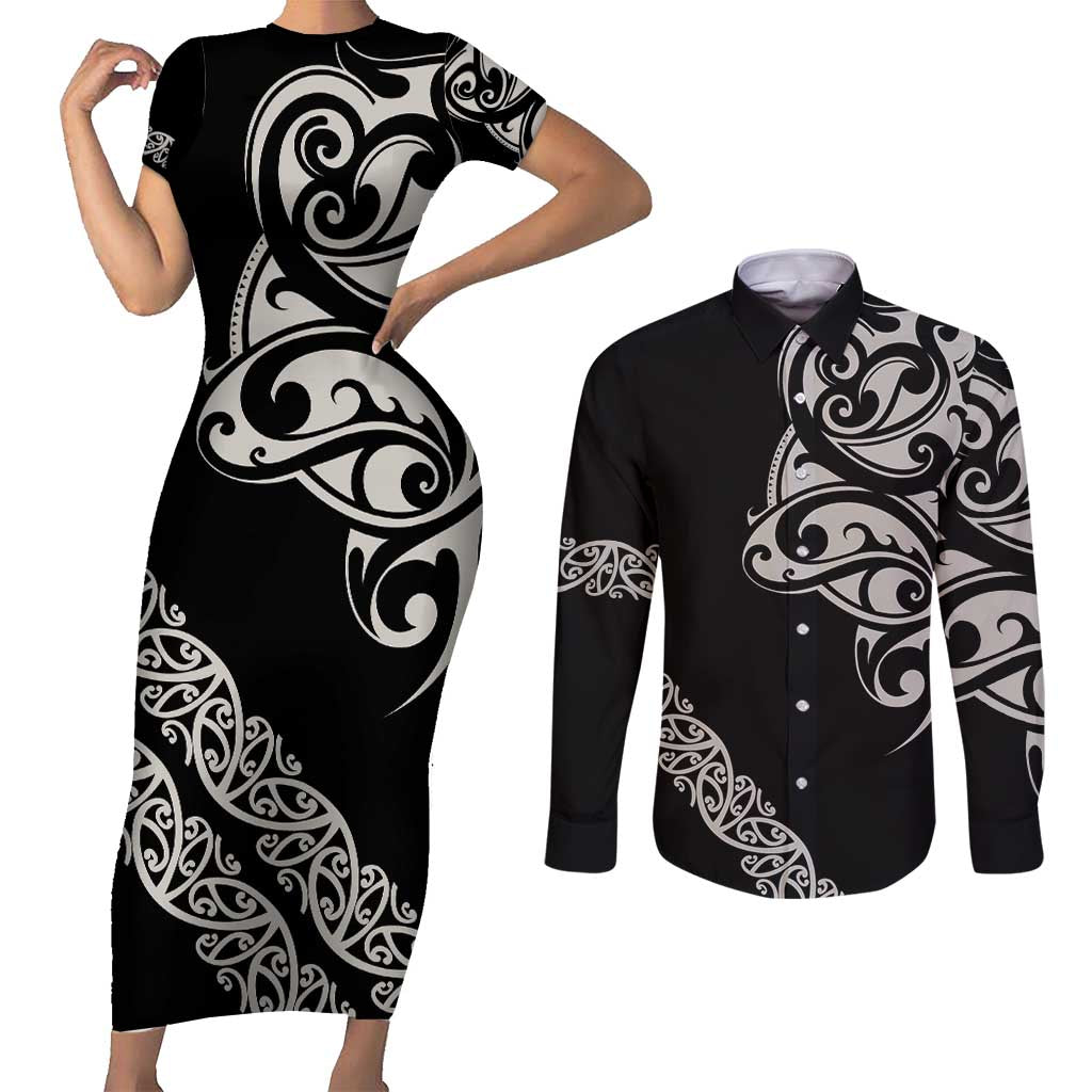 All Black Maori Tribal Tattoo Personalised Couples Matching Short Sleeve Bodycon Dress and Long Sleeve Button Shirt Stone Gray Polynesian Style - Polynesian Pride