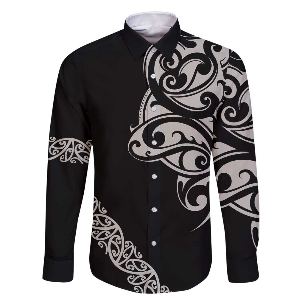 All Black Maori Tribal Tattoo Personalised Family Matching Long Sleeve Bodycon Dress and Hawaiian Shirt Stone Gray Polynesian Style - Polynesian Pride