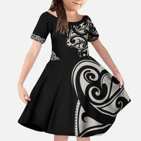 All Black Maori Tribal Tattoo Personalised Family Matching Off The Shoulder Long Sleeve Dress and Hawaiian Shirt Stone Gray Polynesian Style - Polynesian Pride