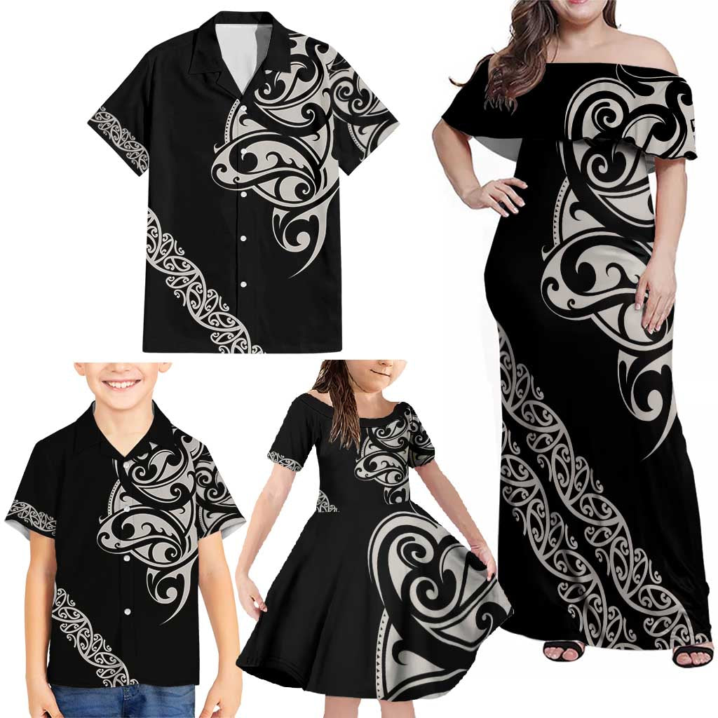 All Black Maori Tribal Tattoo Personalised Family Matching Off Shoulder Maxi Dress and Hawaiian Shirt Stone Gray Polynesian Style - Polynesian Pride