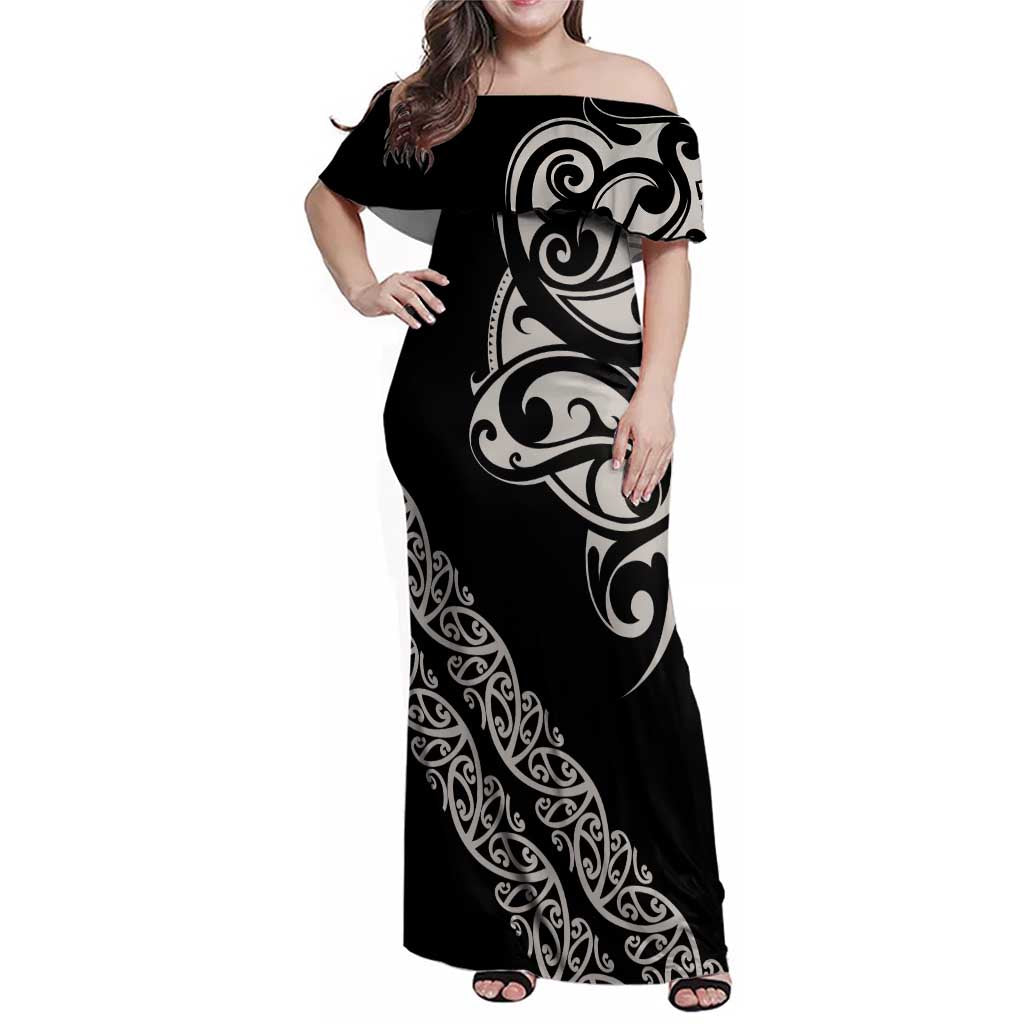 All Black Maori Tribal Tattoo Personalised Family Matching Off Shoulder Maxi Dress and Hawaiian Shirt Stone Gray Polynesian Style - Polynesian Pride