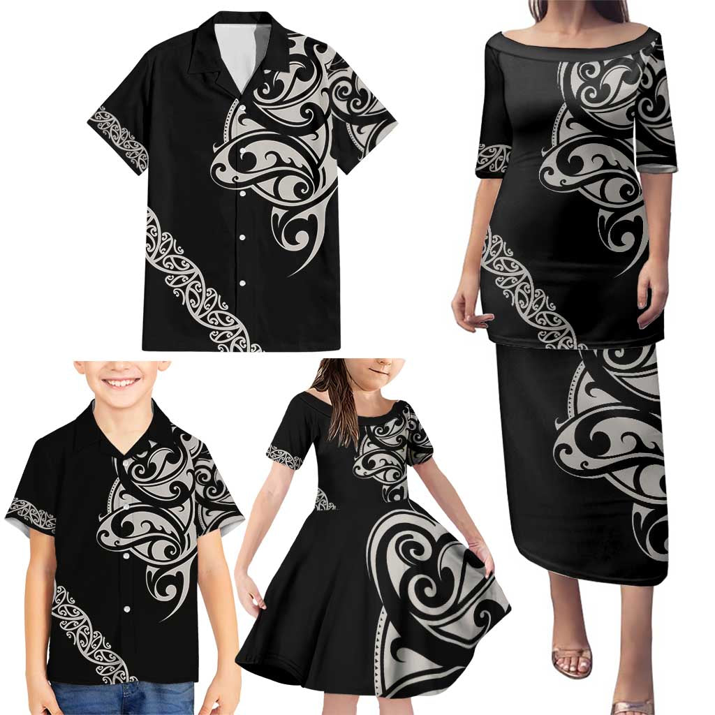 All Black Maori Tribal Tattoo Personalised Family Matching Puletasi and Hawaiian Shirt Stone Gray Polynesian Style - Polynesian Pride
