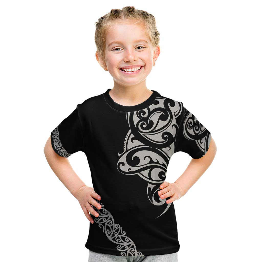 All Black Maori Tribal Tattoo Personalised Kid T Shirt Stone Gray Polynesian Style - Polynesian Pride