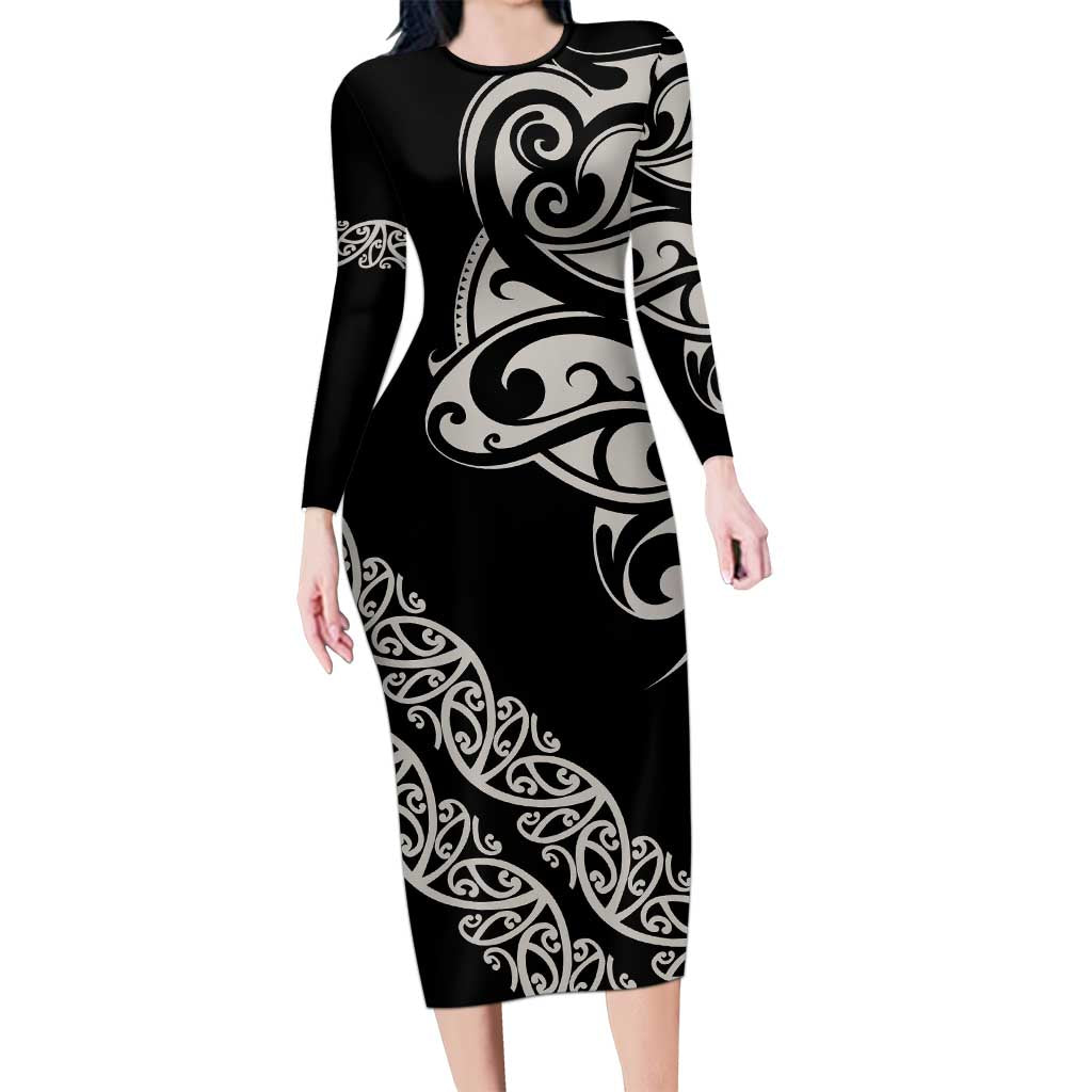 All Black Maori Tribal Tattoo Personalised Long Sleeve Bodycon Dress Stone Gray Polynesian Style - Polynesian Pride