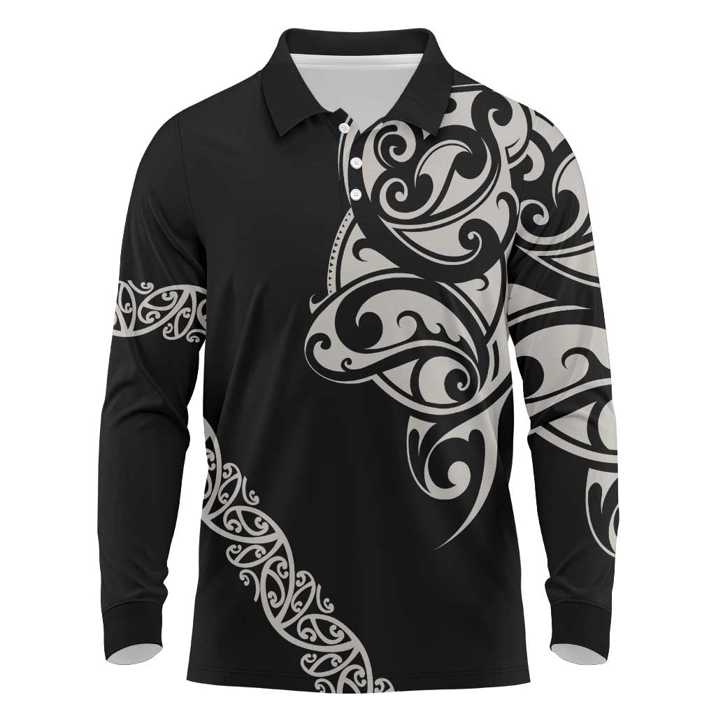 All Black Maori Tribal Tattoo Personalised Long Sleeve Polo Shirt Stone Gray Polynesian Style - Polynesian Pride