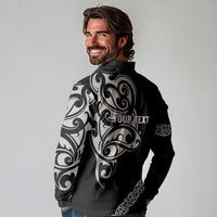 All Black Maori Tribal Tattoo Personalised Long Sleeve Polo Shirt Stone Gray Polynesian Style - Polynesian Pride