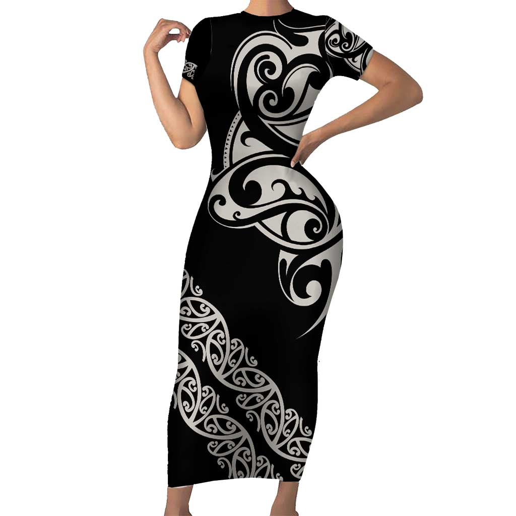All Black Maori Tribal Tattoo Personalised Short Sleeve Bodycon Dress Stone Gray Polynesian Style - Polynesian Pride