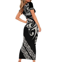 All Black Maori Tribal Tattoo Personalised Short Sleeve Bodycon Dress Stone Gray Polynesian Style - Polynesian Pride