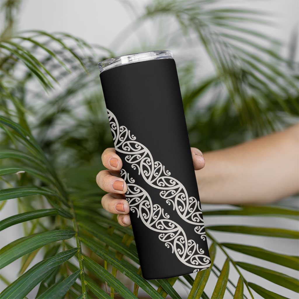 All Black Maori Tribal Tattoo Personalised Skinny Tumbler Stone Gray Polynesian Style - Polynesian Pride