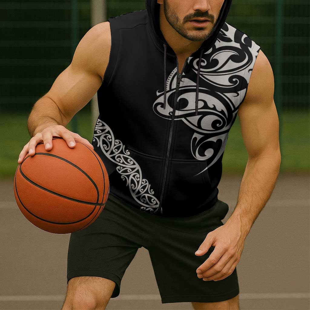 All Black Maori Tribal Tattoo Personalised Sleeveless Zip Hoodie Stone Gray Polynesian Style LT9 - Polynesian Pride