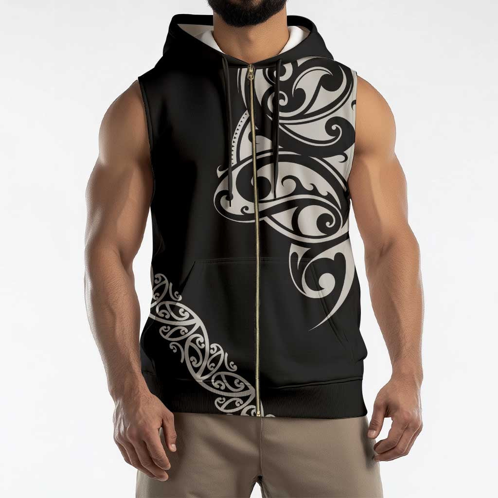 All Black Maori Tribal Tattoo Personalised Sleeveless Zip Hoodie Stone Gray Polynesian Style - Polynesian Pride