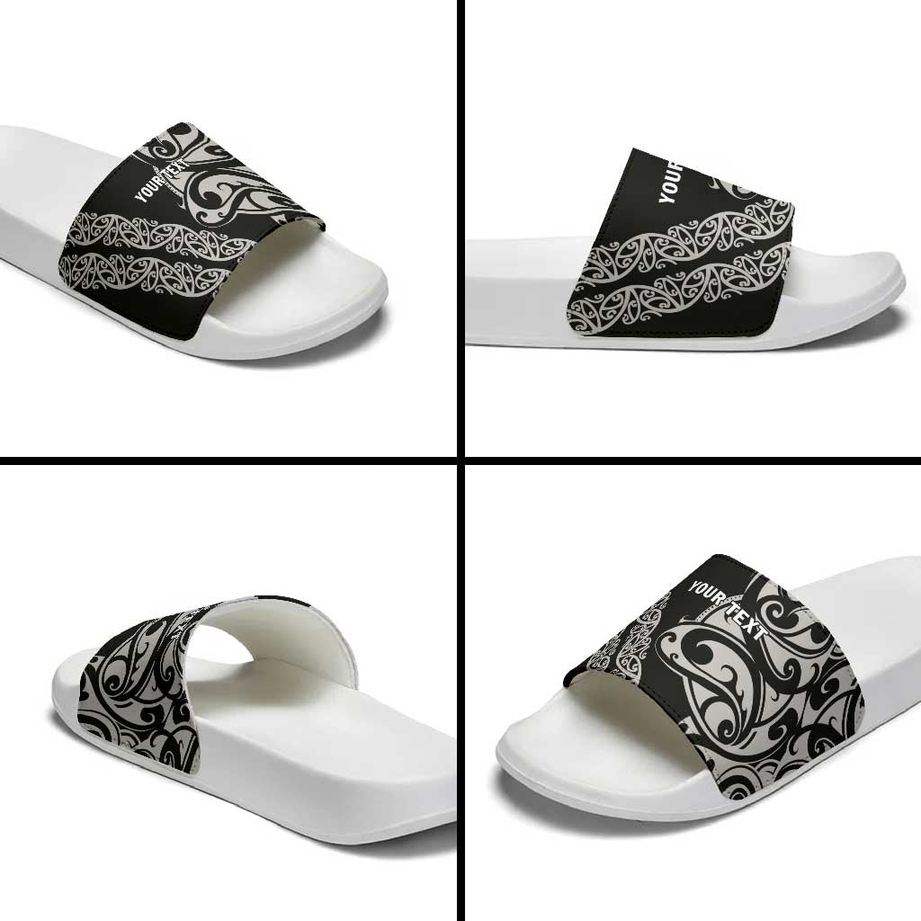 All Black Maori Tribal Tattoo Personalised Slide Sandals Stone Gray Polynesian Style - Polynesian Pride
