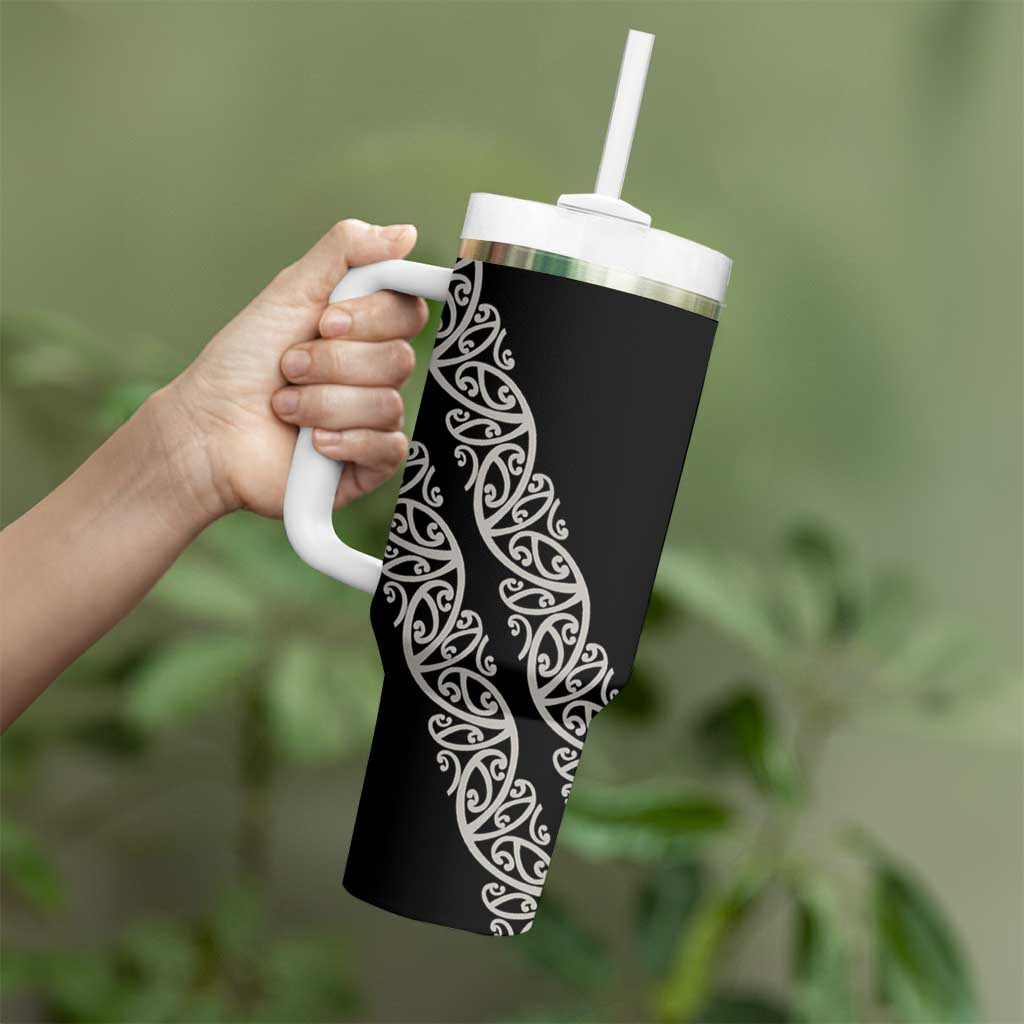 All Black Maori Tribal Tattoo Personalised Tumbler With Handle Stone Gray Polynesian Style - Polynesian Pride