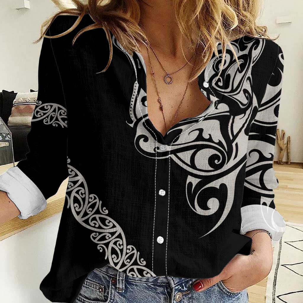 All Black Maori Tribal Tattoo Personalised Women Casual Shirt Stone Gray Polynesian Style - Polynesian Pride