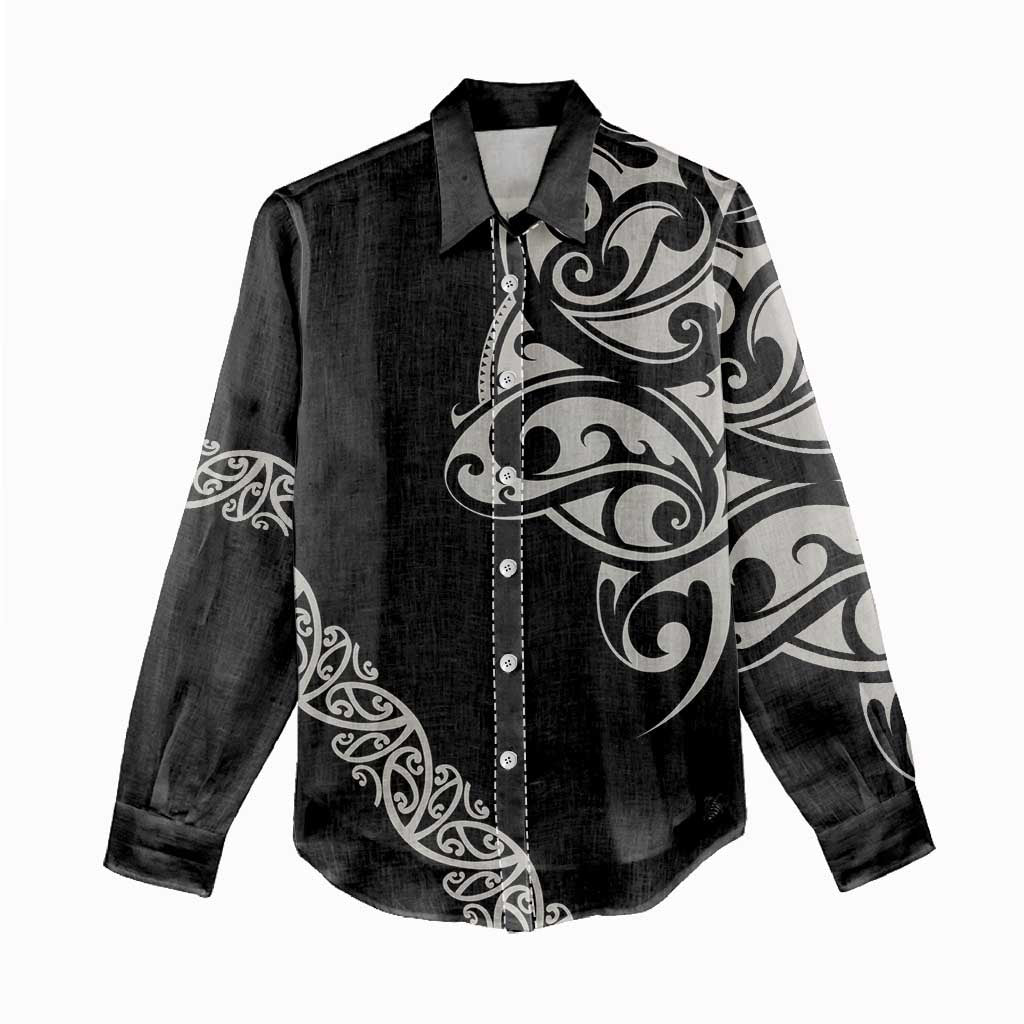 All Black Maori Tribal Tattoo Personalised Women Casual Shirt Stone Gray Polynesian Style - Polynesian Pride