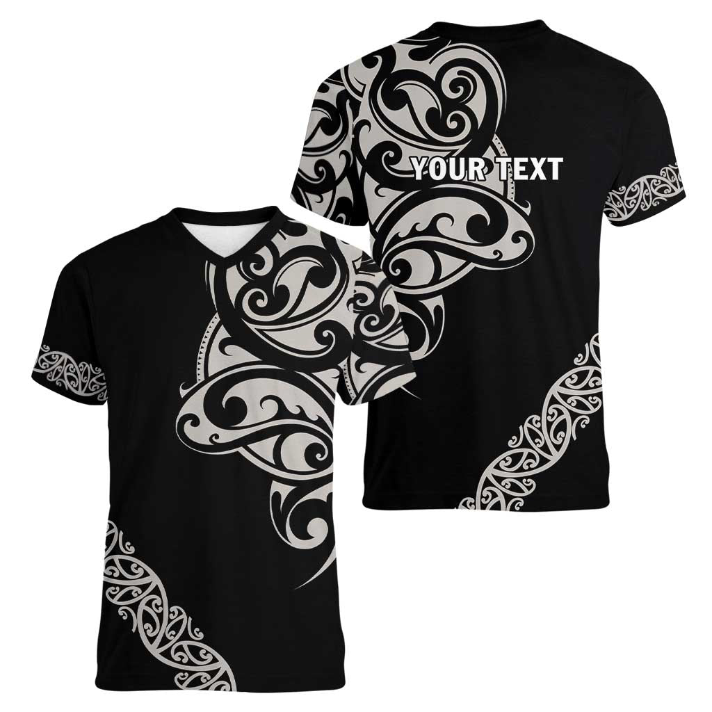 All Black Maori Tribal Tattoo Personalised Women V-Neck T-Shirt Stone Gray Polynesian Style - Polynesian Pride