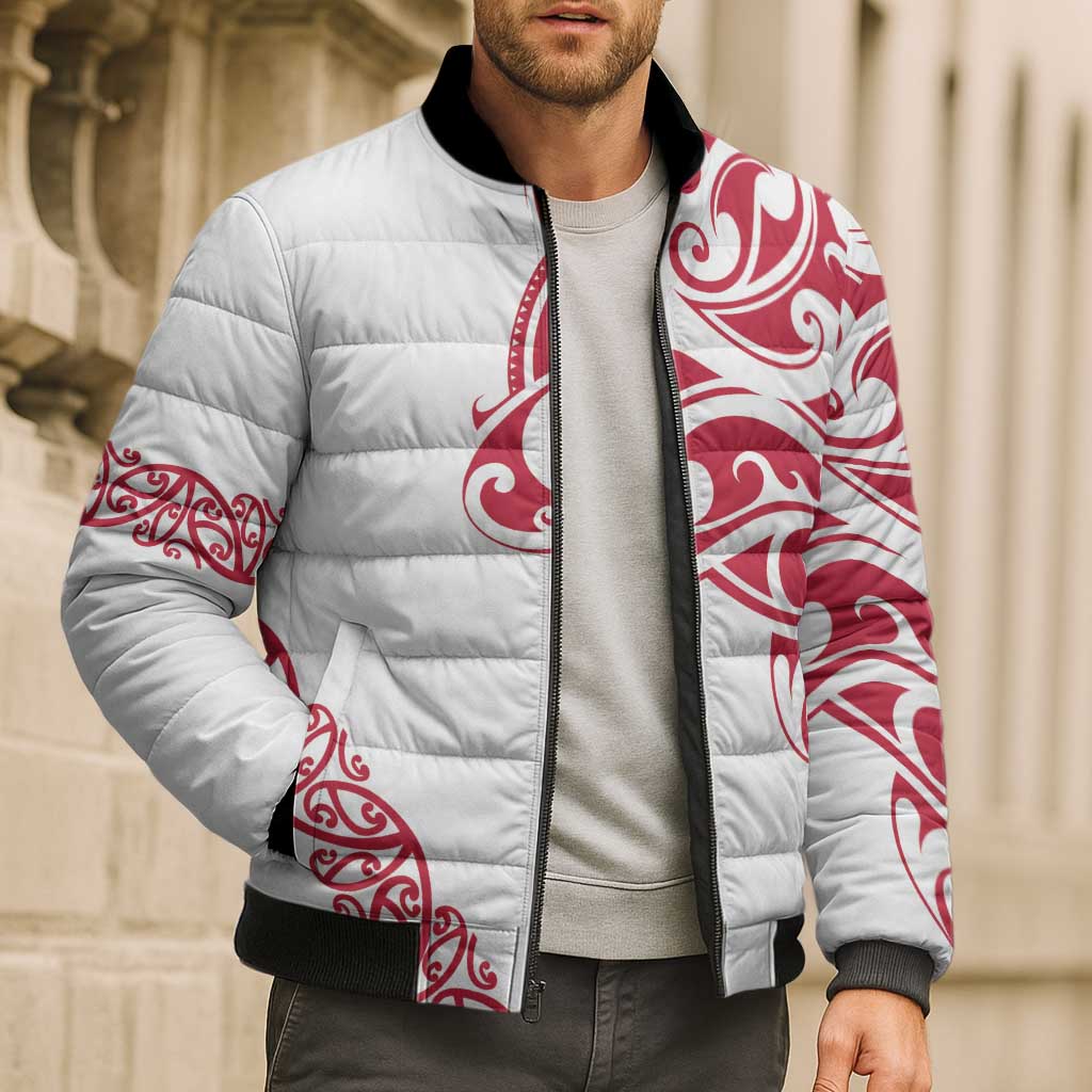 All White Maori Tribal Tattoo Personalised Bomber Puffer Jacket Classic Red Polynesian Style - Polynesian Pride