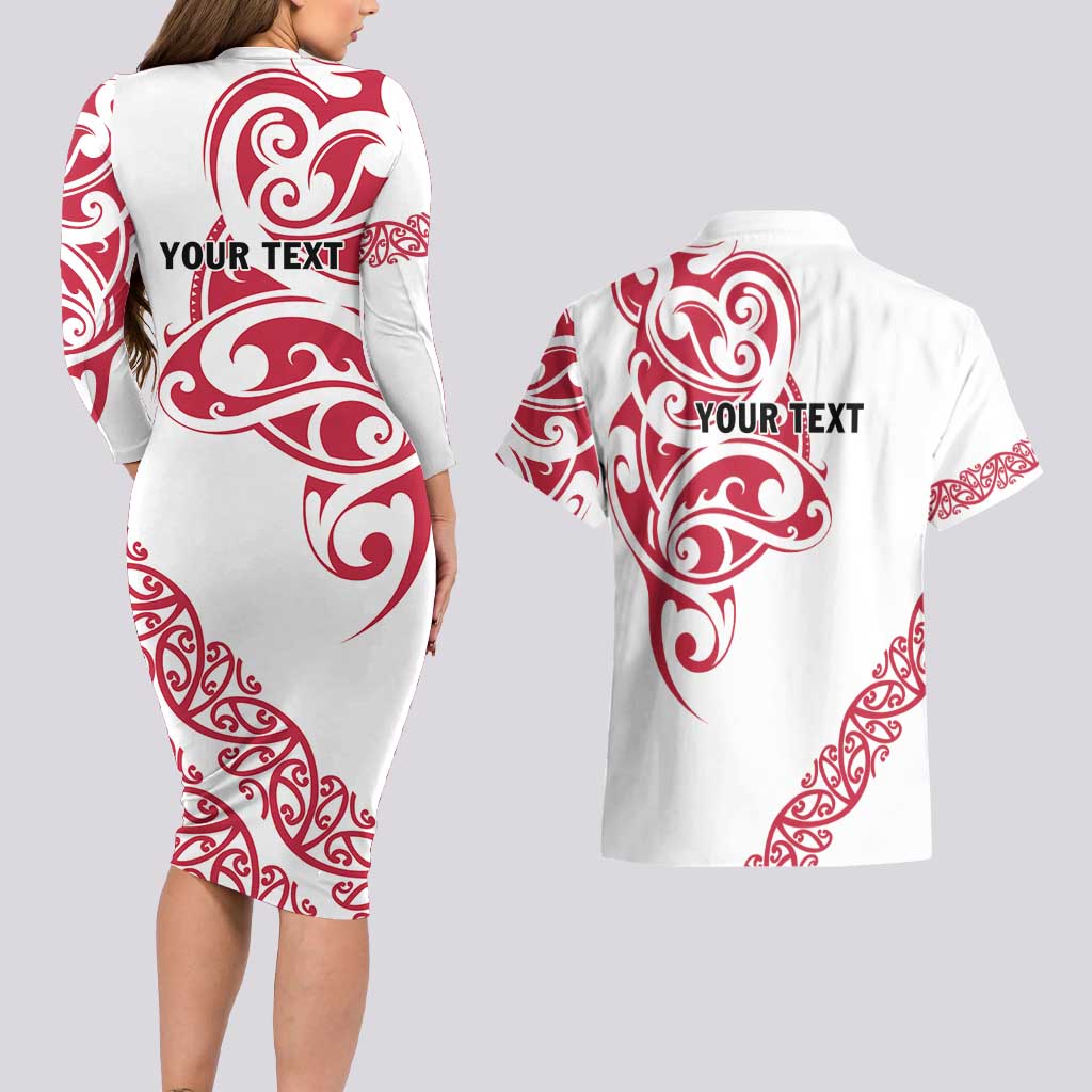 All White Maori Tribal Tattoo Personalised Couples Matching Long Sleeve Bodycon Dress and Hawaiian Shirt Classic Red Polynesian Style - Polynesian Pride